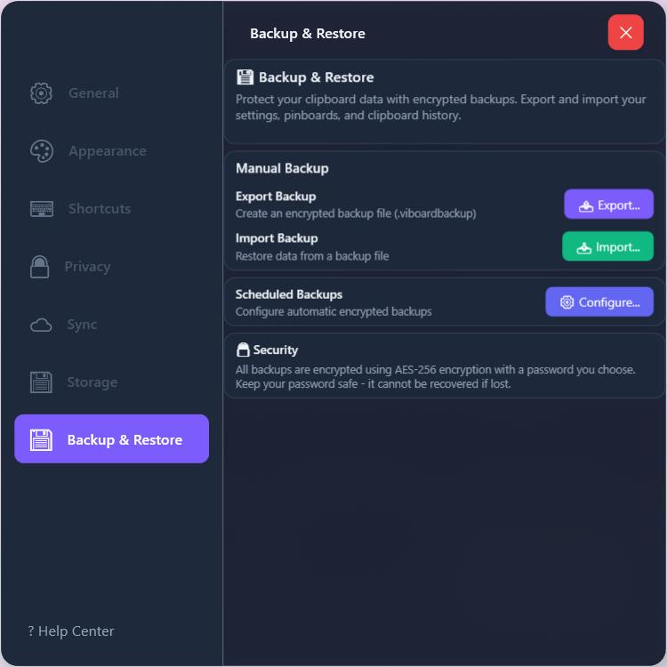 Backup settings