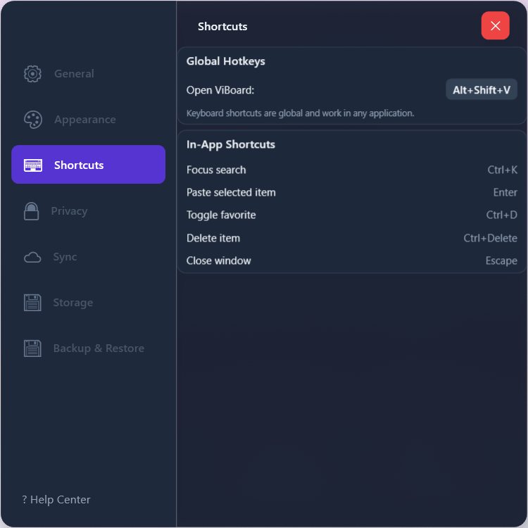Shortcuts settings